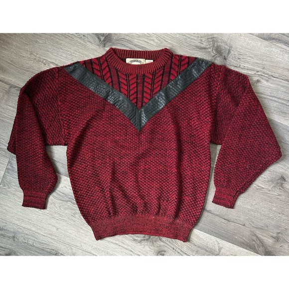 VTG Marquis Long Sleeve Crew Neck Sweater Leather Trim Red 90s Y2K Cosby Mens M - Picture 1 of 8